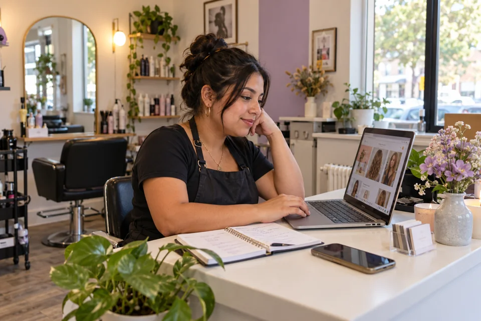 Illustrative independent beauty-studio owner reviewing her website at a neighborhood salon reception desk